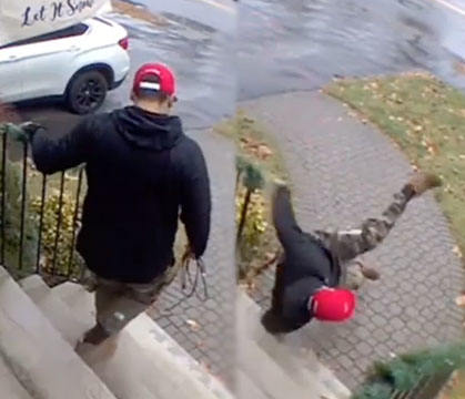 Got Caught Slippin’: Dude Tried To Walk Down His Front Porch Stair In This Weather & Ends Up Sorely Regretting It!