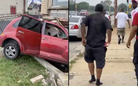 Dude Just Got Outta That Crashed Car And Walked Away Like Nothing!