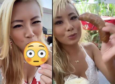 Chick Eats A P*nis Shaped Pastry And Puts A Whole Sausage In Her Mouth!